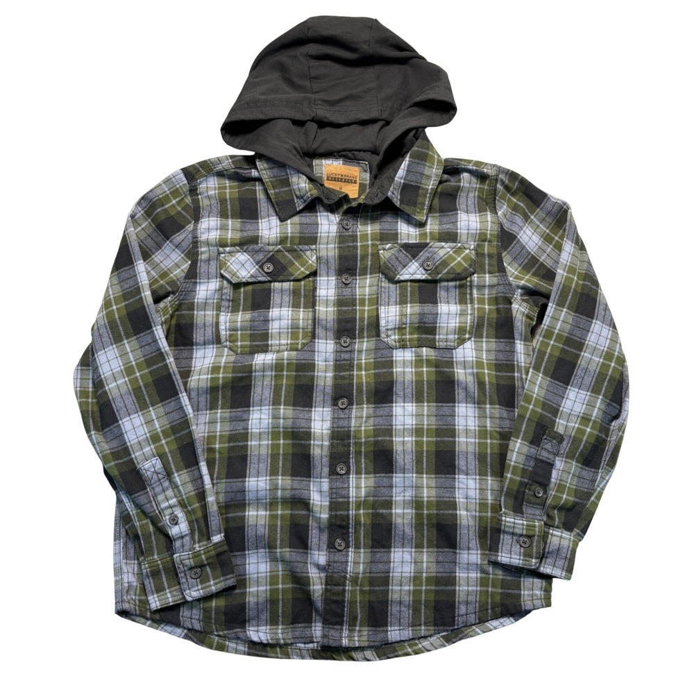 Lucky Brand Workwear Mens Green Plaid Hooded Flannel Shirt Jacket Size M